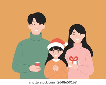 Smiling family enjoying Christmas together, holding present and festive drink. Cheerful holiday celebration illustration with warm clothing and Santa hat.