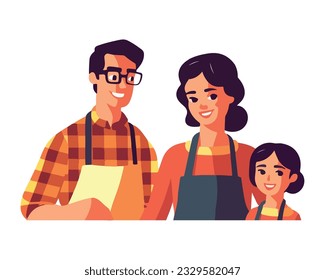 Smiling family of farmers working together happily icon isolated