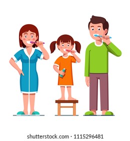 Smiling family father, mother parents with kid girl brushing teeth together holding toothbrushes encouraging teeth hygiene and care. Brushing teeth motivational flat vector character illustration