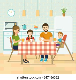 Smiling family having dinner in kitchen.Family drinks tea. Vector flat style illustration