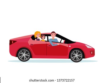 Smiling family inside their new red car. Mother and daughter are sitting in back seat. Side view of sports vehicle. Dad showing thumb up gesture. Vector flat cartoon illustration