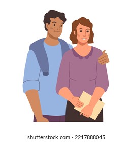 Smiling family of man and woman hugging, listening and holding documents in hands. Customers or clients pair. Flat cartoon character, vector in flat style
