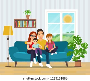 Smiling family  on sofa in the living room. Vector flat illustration