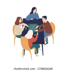Smiling family playing board game with chips vector flat illustration. Happy people sitting at table enjoying home leisure isolated on white background. Cute man and woman spending time together