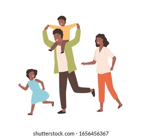 Smiling Family Playing Having Fun Together Vector Flat Illustration. Happy Parents And Children Running Have Positive Emotion Isolated On White. Black Skin Cartoon People Rejoicing