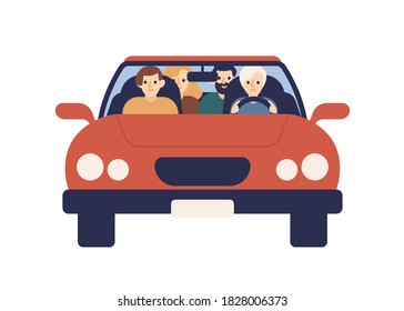 Smiling family riding on car together front view vector flat illustration. Happy mother, father, daughter and son moving on automobile isolated on white. Cute people enjoying journey on vehicle