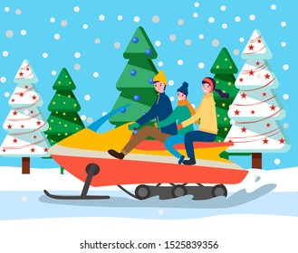 Smiling family sitting on sleigh car and riding near fir-trees with garlands. People going in snow-falling weather. Happy parents and child driving winter auto and traveling near snowy spruce