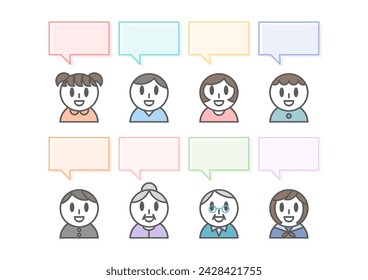 Smiling family and speech bubbles. Vector illustration. The blank space inside the speech bubble is text space.