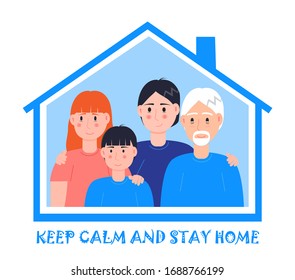 Smiling family is standing together near window and asking that everybody stays at home. Social campaign and support people in self-isolation. Coronavirus prevention concept vector. 