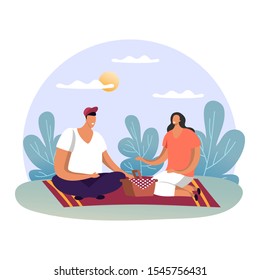 Smiling family at summer picnic or man and woman at date on blanket. Spring venue with food at forest or wood. Male and female at park. Cartoon and simple people. Relationship and holiday theme