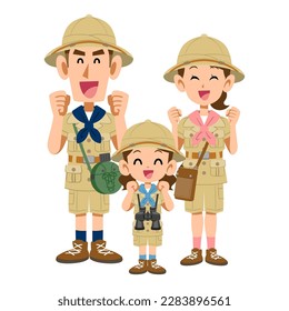 A smiling family of three in expedition clothes