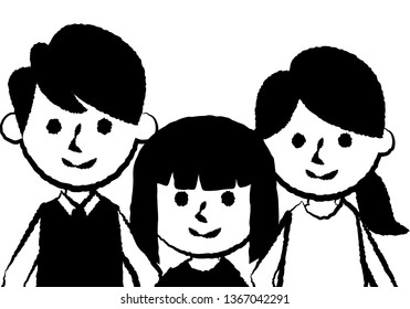 Smiling family of three. Father, mother and daughter. Upper body. Vector illustration.
