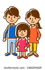 Smiling family of three. Father, mother and daughter. Whole body. Vector illustration.
