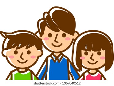 Smiling family of three. Father, son and daughter. Upper body. Vector illustration.
