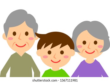 Smiling family of three. Grandfather, Grandmother and Grandson. Upper body. Vector illustration.

