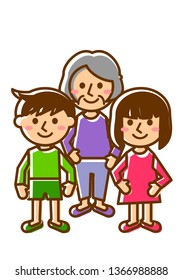 Smiling family of three. Grandmother, Grandson and Granddaughter. Whole body. Vector illustration.
