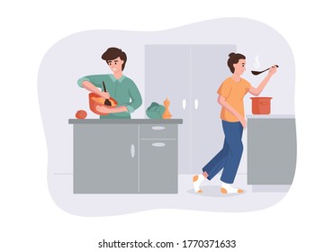 Smiling family together cooking on kitchen table. Wife cooked soup and tastes it with a spoon. Man knocks mix for cooking. Vector illustration home concept preparing homemade meals for dinner