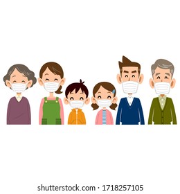 Smiling family wearing masks,  3 generations