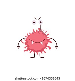 Smiling fantasy bacteria or monster cartoon character flat vector illustration isolated on white background. VIrus or alien comic icon for prints and textile design.