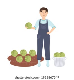 Smiling Farmer or Agricultural Worker Gathering Cabbage in Basket Vector Illustration