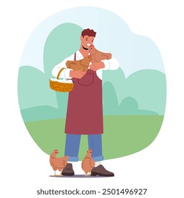 Smiling Farmer In An Apron Holds A Chicken Affectionately, Surrounded By Other Hens In A Pastoral Setting. Character Emphasizing Humane And Personal Care In Farming. Cartoon People Vector Illustration