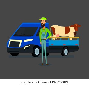 Smiling Farmer in the background of the peasants driven a truck with a cow. Vector illustration in cartoon style.