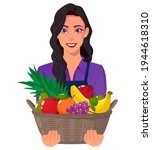 Smiling Farmer Carrying Fruit Basket Isolated on White Background. Beautiful woman with black Hair And Purple Shirt Vector Illustration.