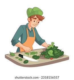 Smiling farmer cutting fresh vegetables for salad. isolated