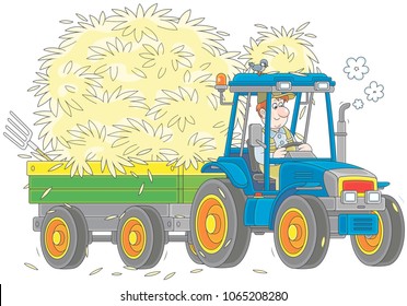 Smiling farmer driving his wheeled tractor with a trailer of hay, a vector illustration in a cartoon style