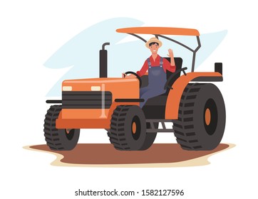 Smiling farmer driving a tractor and waving hello. Vector illustration in a flat style