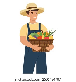 Smiling farmer Or Gardener in uniform holds basket of ripe vegetables and fruits.Farming and agriculture concept. Vector illustration