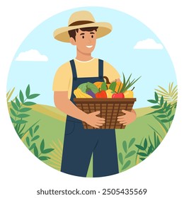 Smiling farmer Or Gardener in uniform holds basket of ripe vegetables and fruits.Farming and agriculture concept. Vector illustration