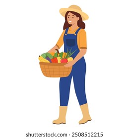 Smiling farmer Or Gardener in uniform holds basket of ripe vegetables and fruits.Farming and agriculture concept. Vector illustration