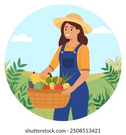 Smiling farmer Or Gardener in uniform holds basket of vegetables.Farming and agriculture concept. Vector illustration