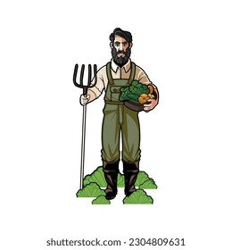 Smiling farmer in hat looking at viewer holding a basket full of  fresh green vegetables and holding a fork tool
