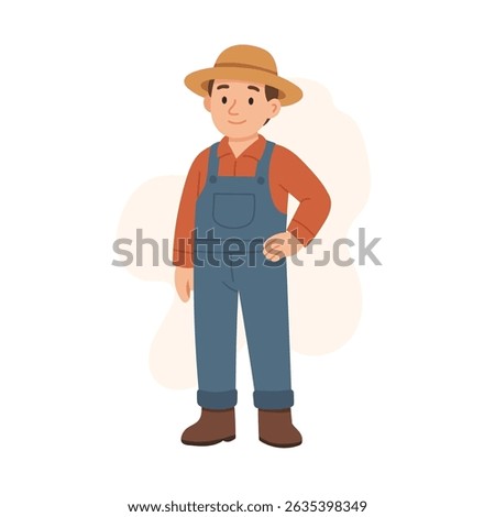 Smiling farmer in hat and overalls stands proudly in clean outfit, farmer represents agricultural tradition, farmer brings charm to rural lifestyle, farmer character perfect for farming themes.