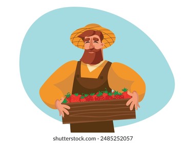 Smiling Farmer Holding Crate of Fresh Strawberries. cartoon farmer with beard, straw hat holding full box strawberries harvest. Vector illustration for flyer, cover design. Greenery, vegetables, farm