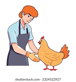 Smiling farmer holding cute rooster in farm icon isolated