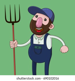 smiling farmer holding a pitchfork, cartoon illustration