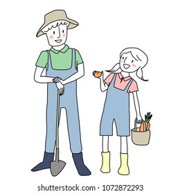 Smiling farmer holding shovel and talking to cute teen girl who presenting her fresh produce such as orange and carrots. Cute siblings smiling to each other while working in garden. Doodle vector.