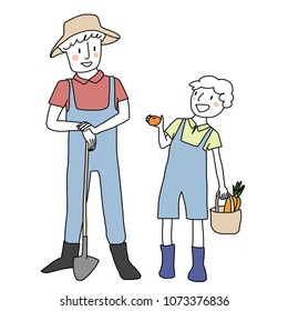 Smiling farmer holding shovel and talking to cute tween boy who presenting his fresh produce such as orange and carrots. Cute siblings smiling to each other while working in garden. Doodle vector.