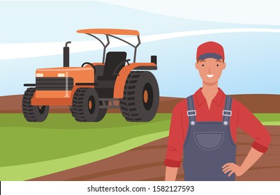 Smiling farmer on the background of a field and a tractor. Vector illustration in a flat style