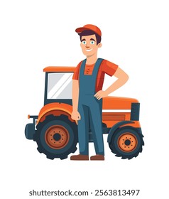 Smiling farmer in overalls standing beside a modern orange tractor, representing agriculture, rural lifestyle, and farming equipment in a cartoon style