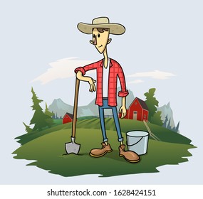 Smiling farmer with a shovel and a bucket, cartoon character standing on the grass with trees and mountain landscape on the background. Flat vector illustration.