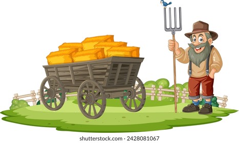 Smiling farmer standing next to a hay-filled wagon.