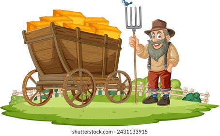 Smiling farmer standing next to a loaded hay wagon.