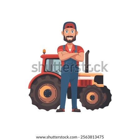 Smiling farmer standing proudly next to a tractor, symbolizing hard work and agricultural success. Perfect for farming, agriculture, and rural lifestyle themes