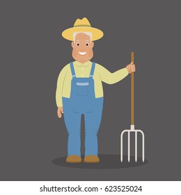 Smiling farmer staying with pitchfork. Funny cartoon character. Vector art. 