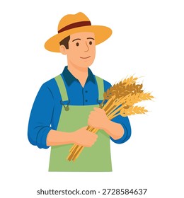Smiling farmer in straw hat and green overalls holding harvested wheat stalks, illustration representing agriculture and countryside life