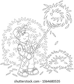 Smiling farmer tedding hay with a pitchfork in a hayloft, a black and white vector illustration in a cartoon style for a coloring book